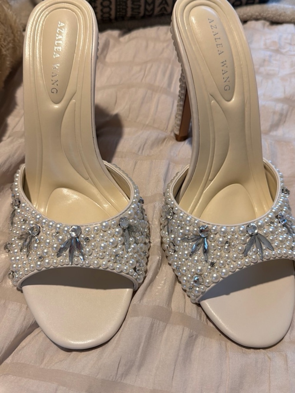 Azalea Wang Ivory Pearl & Crystal High Heel Sandals